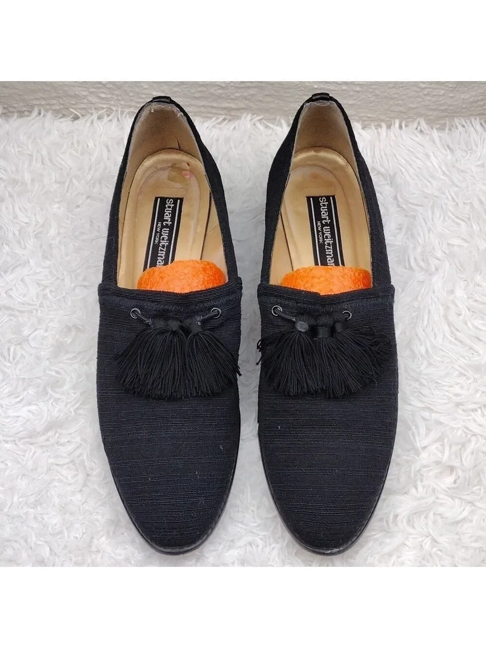 Stuart Weitzman Black Fabric Upper Almond Toe Low Heel Tassel Loafer Shoe